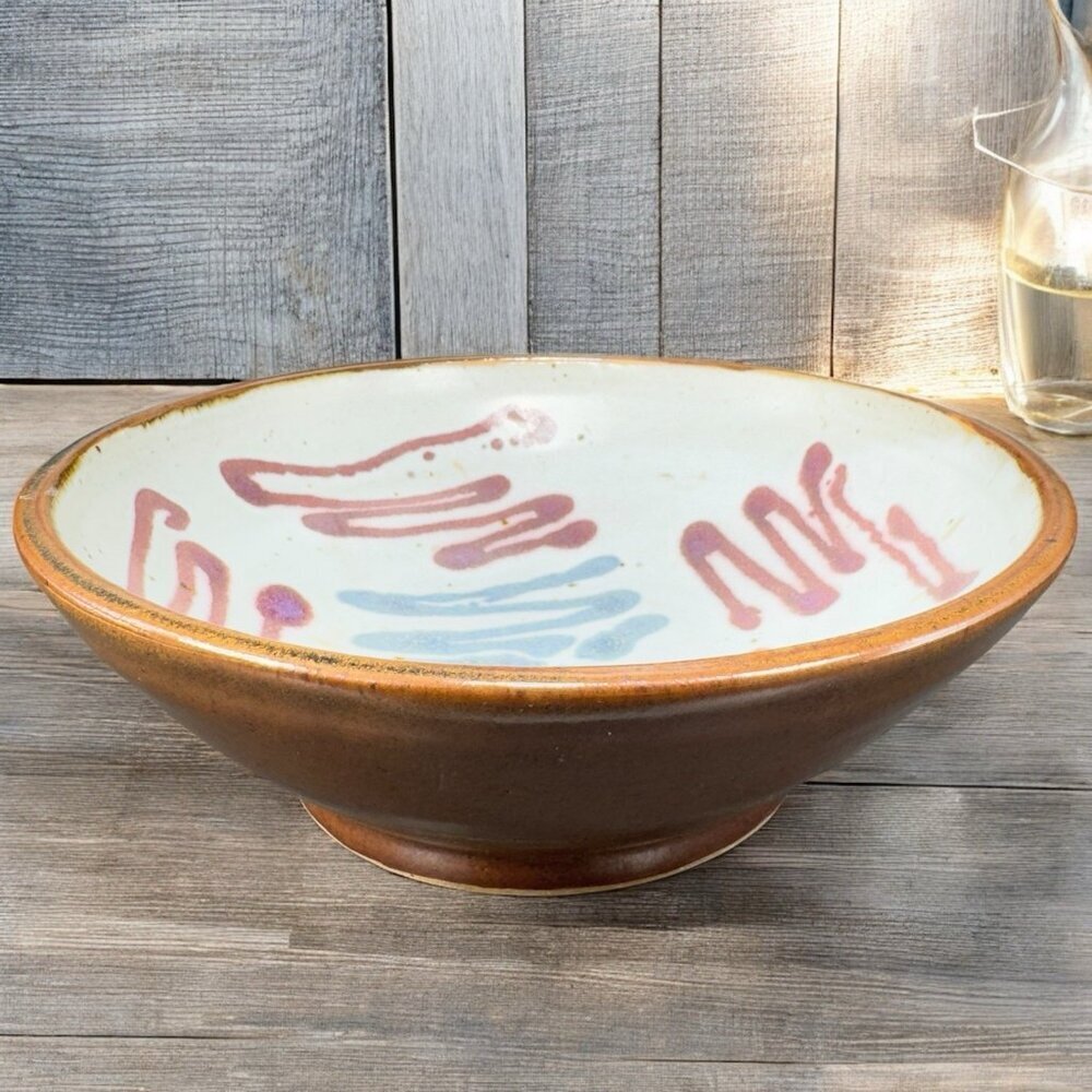 Vintage 1990s Hand Made Stoneware‎ Pottery Footed Dish Bowl Artist Signed Heavy